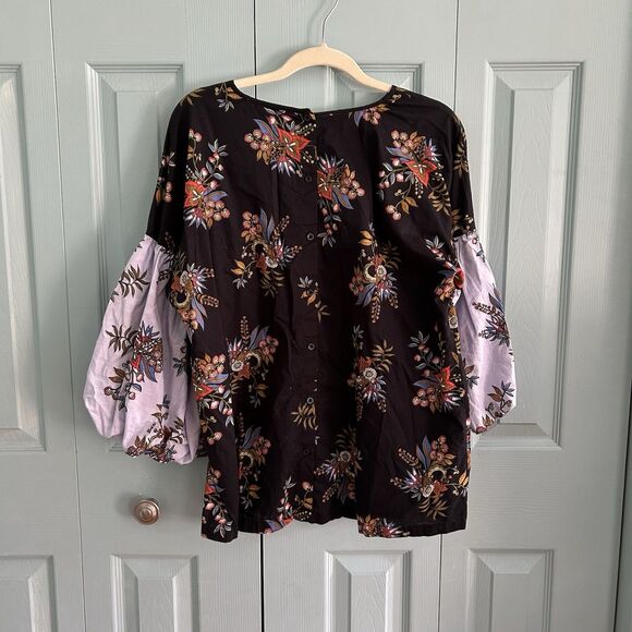 LOFT Womens Floral Puff Sleeve Blouse Large Button Back Cottagecore Black Blue - Picture 10 of 13